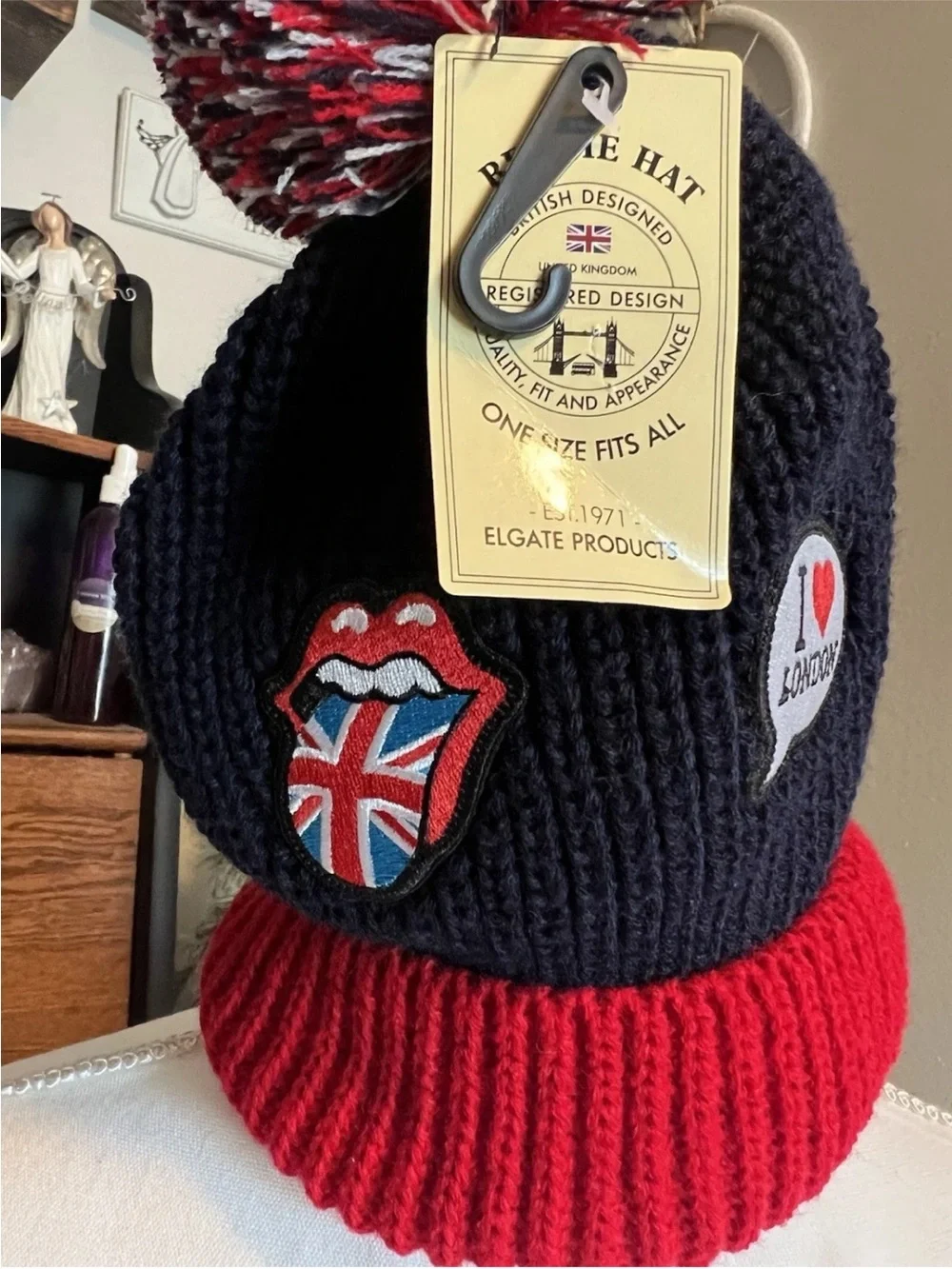 British Design I luv London, Rolling Stones Pom Pom Beanie Hat - Navy & Red